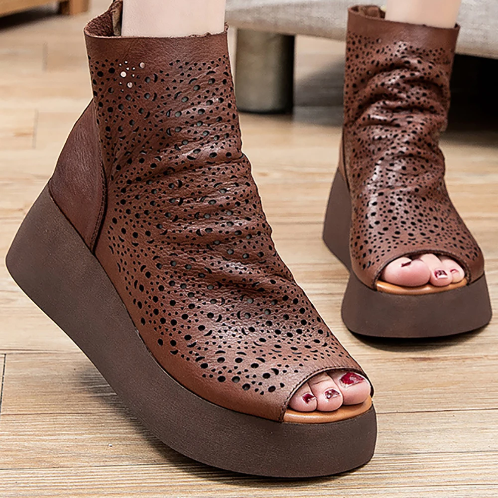 

Genuine Cow Leather Rome Sandals For Women 2021 Casual Wedges Summer Peep Toe Boots Female Hollow Out Thick Bottom Heel Footwear