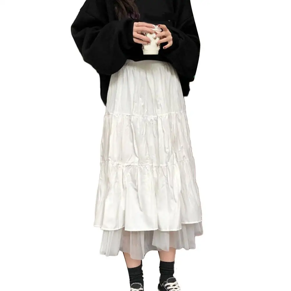 

Fashion Women Skirts A Line Pleated Tulle Elastic High Waist Party Long Maxi Skirt Summer Female White Long Skirt Streetwear