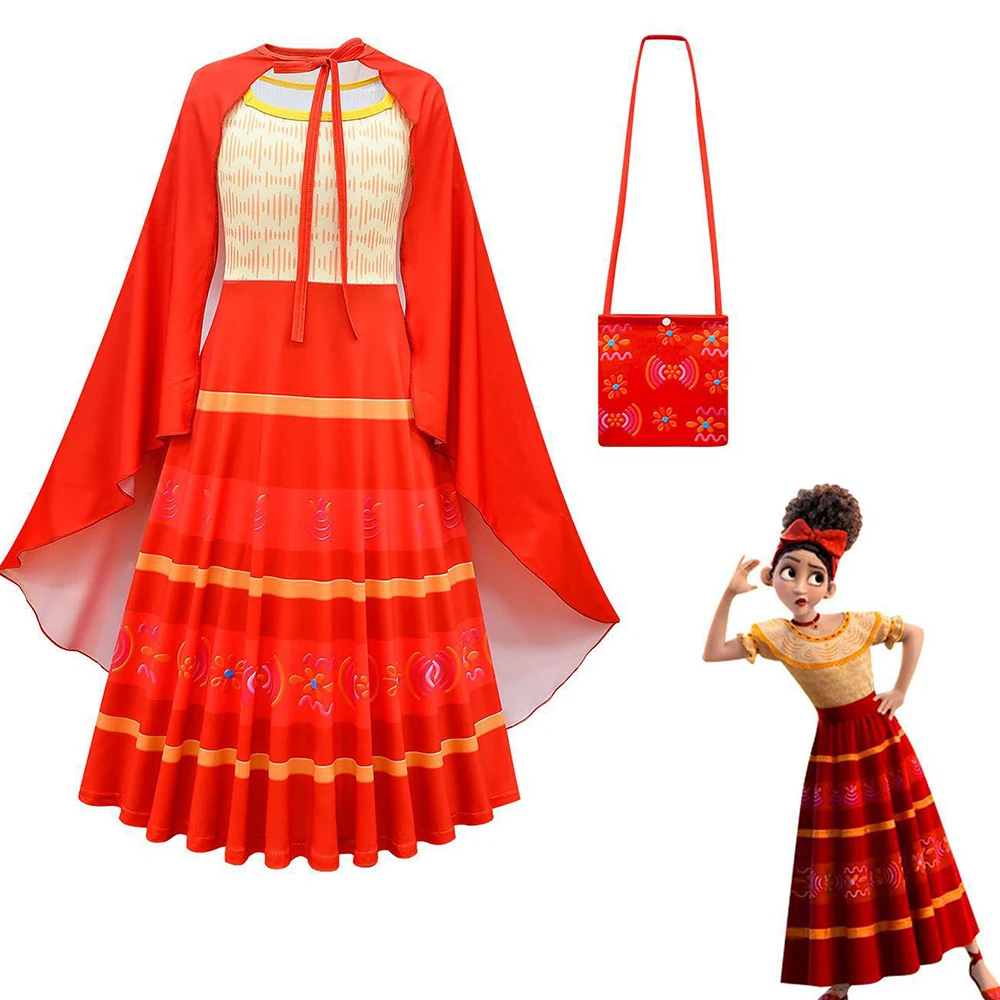 

Girl Long Sleeve Encanto Cosplay Costume Little Kids Pleated Princess Dresses Bag Cloak with String Children Clothing