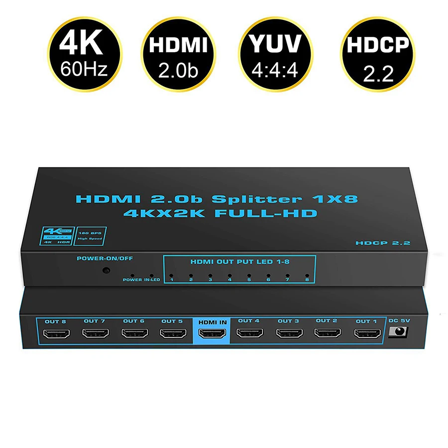 18Gbps 1x8 4K HDMI 2.0b Splitter 1 in 8 Out 8 Port Output with Scalar support HDCP2.2 Compatible for Xbox PS4