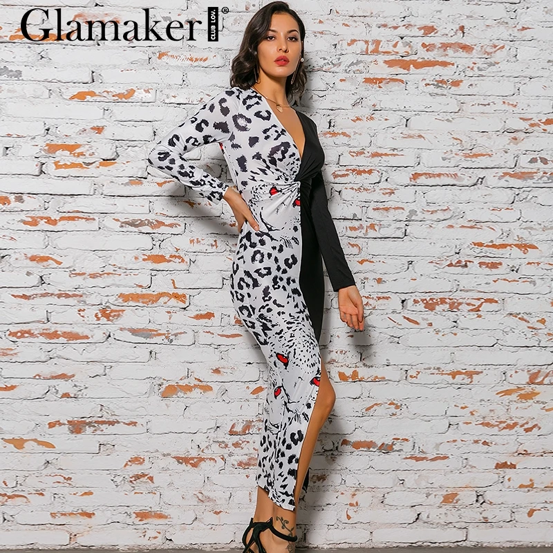 Glamaker, глубокий v-образный вырез, Леопардовый принт пэтчворк, длинное платье для женщин, бодикон, высокий разрез, платье для вечеринки, летнее, миди, элегантное платье
