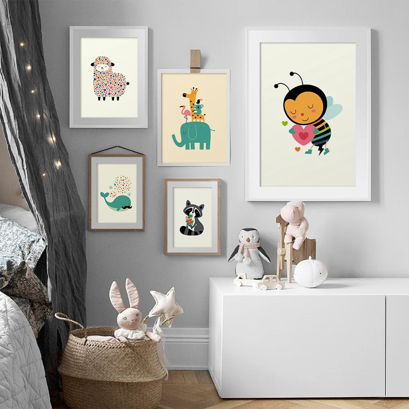 

Cute Animal Illustration Poster Canvas Painting Nursery Bubble Sheep Bee Whale Print Nordic Wall Pictures Baby Kids Room Decor