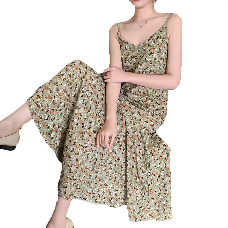 

Винтажное цветочное на лямках платье для женщин, новинка 2021, летнее шифоновое платье, элегантная женская одежда f519