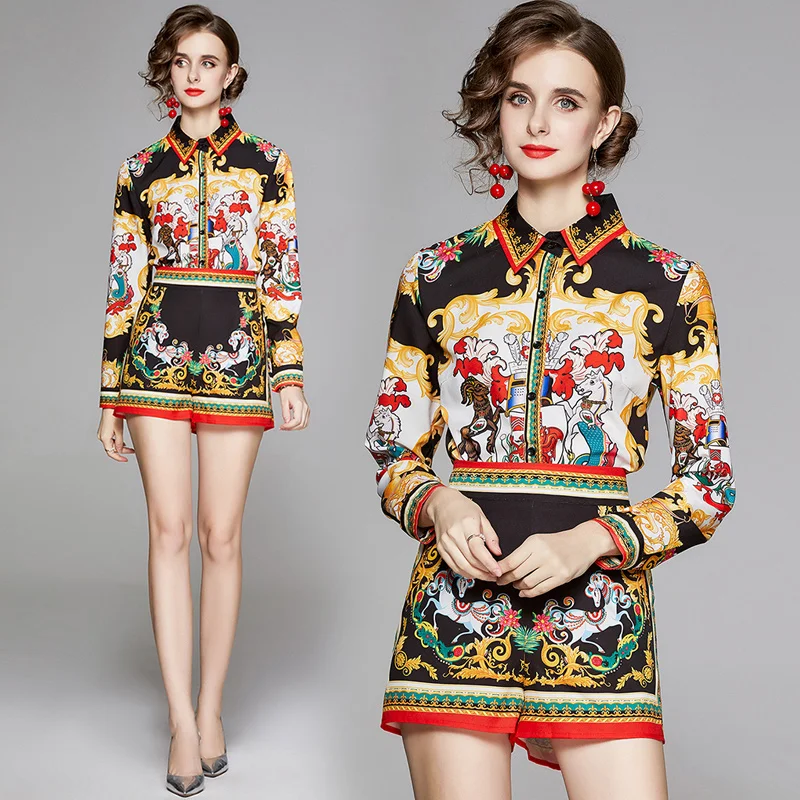 

England Style Design Print High Waist Shorts Set Women Casual Matching Sets Long Sleeve Summer Blouse Tops 2 Pieces Sets Outfits