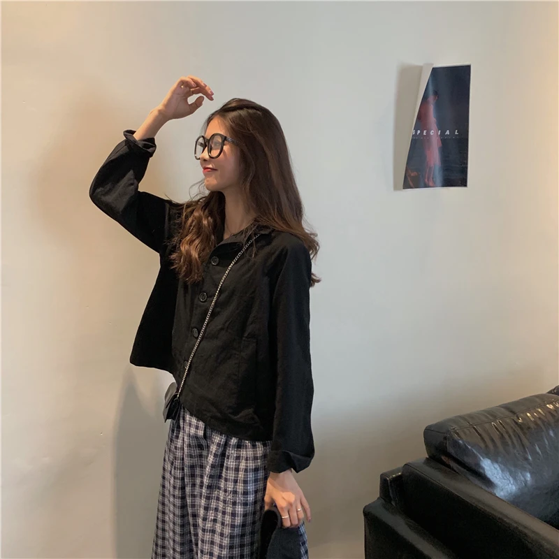 

Spring and autumn full v-neck black single breasted Korean style ladies tops Trend temperament Women's Clothing Jackets Trend