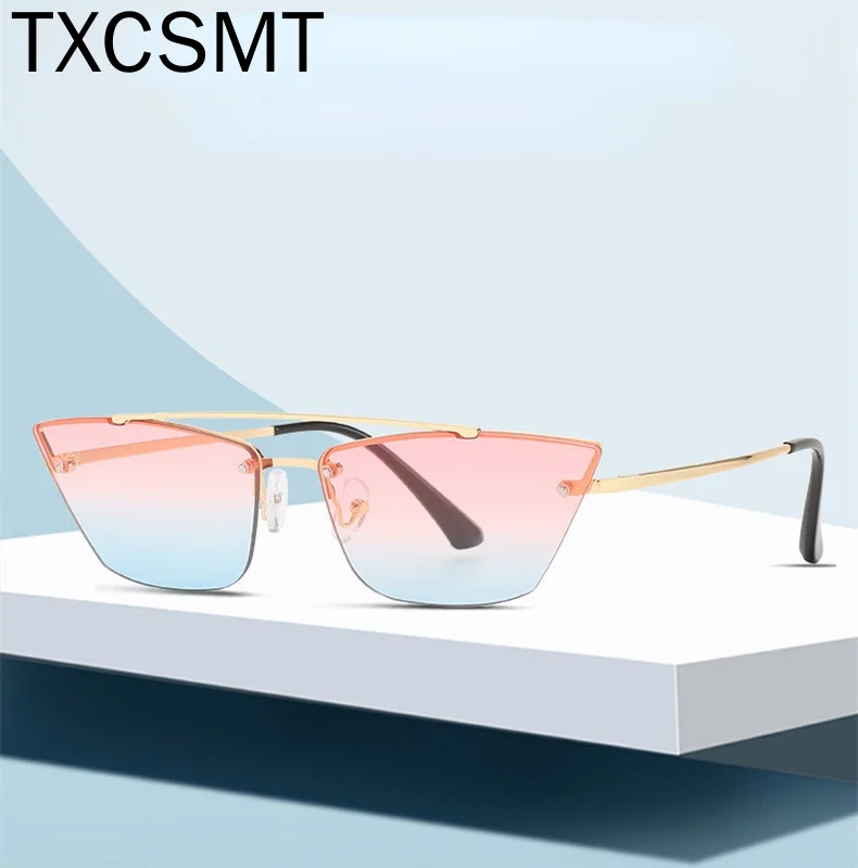 

2021 New Retro Frameless Cat Eye Sunglasses Women Luxury Brand Fashion Ocean Gradient Men Glasses Female Vintage Metal Shades