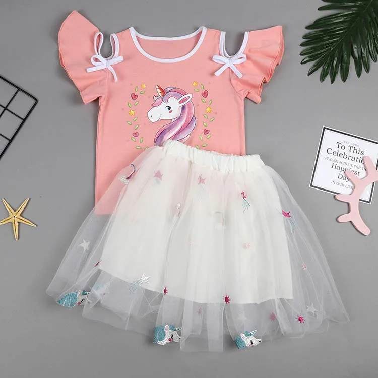 Лето 2020 детские костюмы с единорогом комплект радужной одежды открытыми плечами