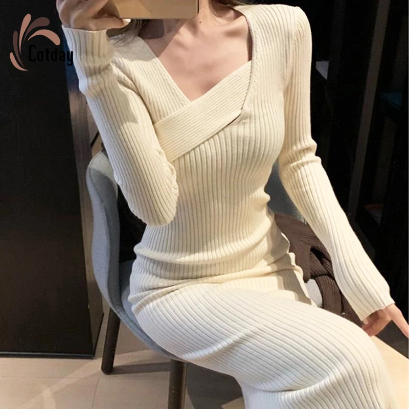 

Cotday Apricot Long Sleeve Korean Irregular Rear Slit New Sweater Elegant Female 2021 Office Lady Slim Knitted Dress Women