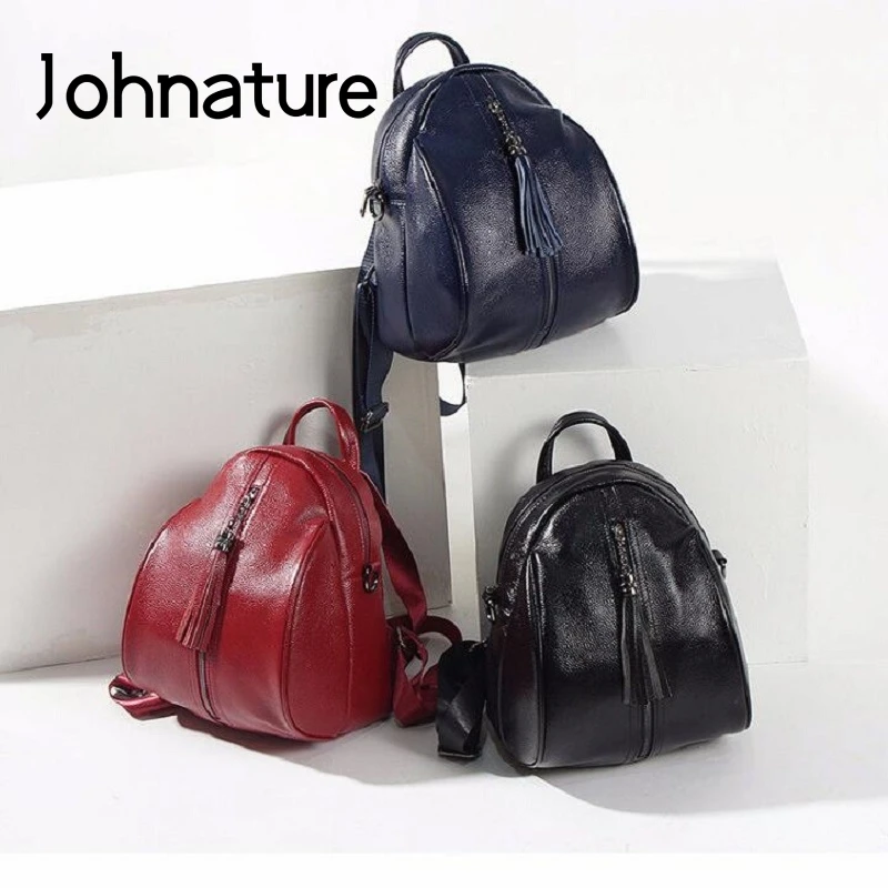 

Johnature Genuine Leather Leisure Shoulder Bag Women Backpack 2021 New First Layer Cowhide Tassel Korean Fashion Travel Bags