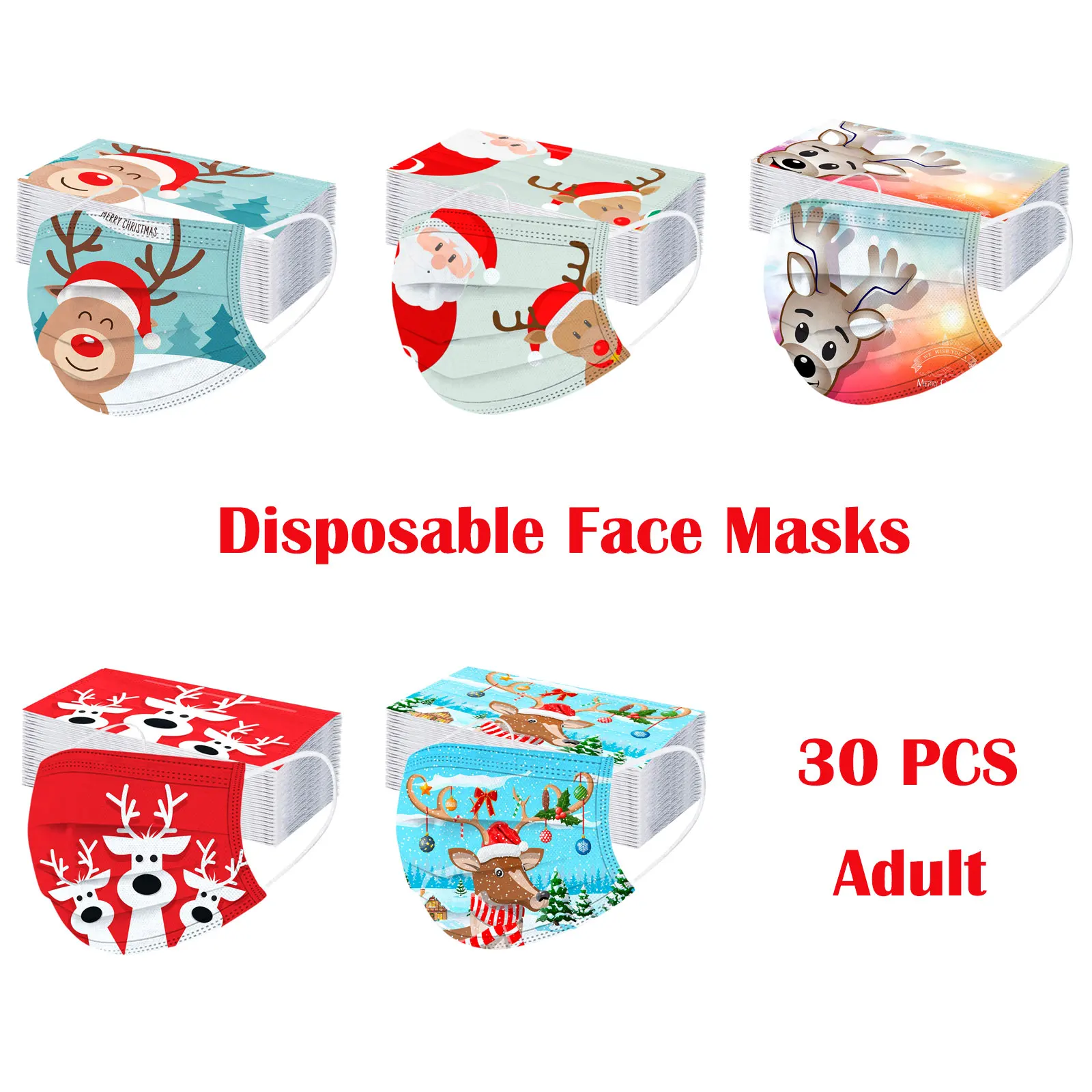 

30PCS Adult 2022 Happy New Year Print Protect Face Mask Adults Health Daily Care Christmas Disposable Face Mask Mascarrilla