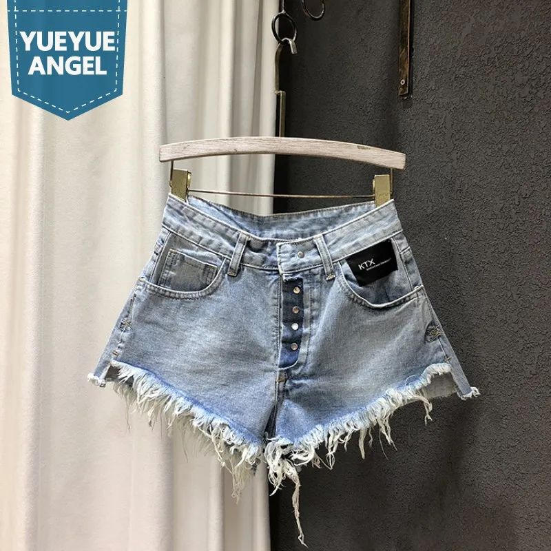 

New Summer Single Breasted High Waist Denim Shorts Womens Sexy Hotpants Streetwear Vintage Light Blue Tassel Female Mini Jeans