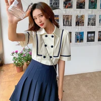 summer skirt set for women outfit 2 piece set japanese college style double breasted blazer jacket high waist pleated mini skirt