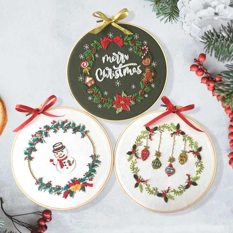 

Christmas DIY Embroidered Set Needlework Tools Printed Beginner Embroidery diy Round Cross Stitch Kit Sewing Craft Kit