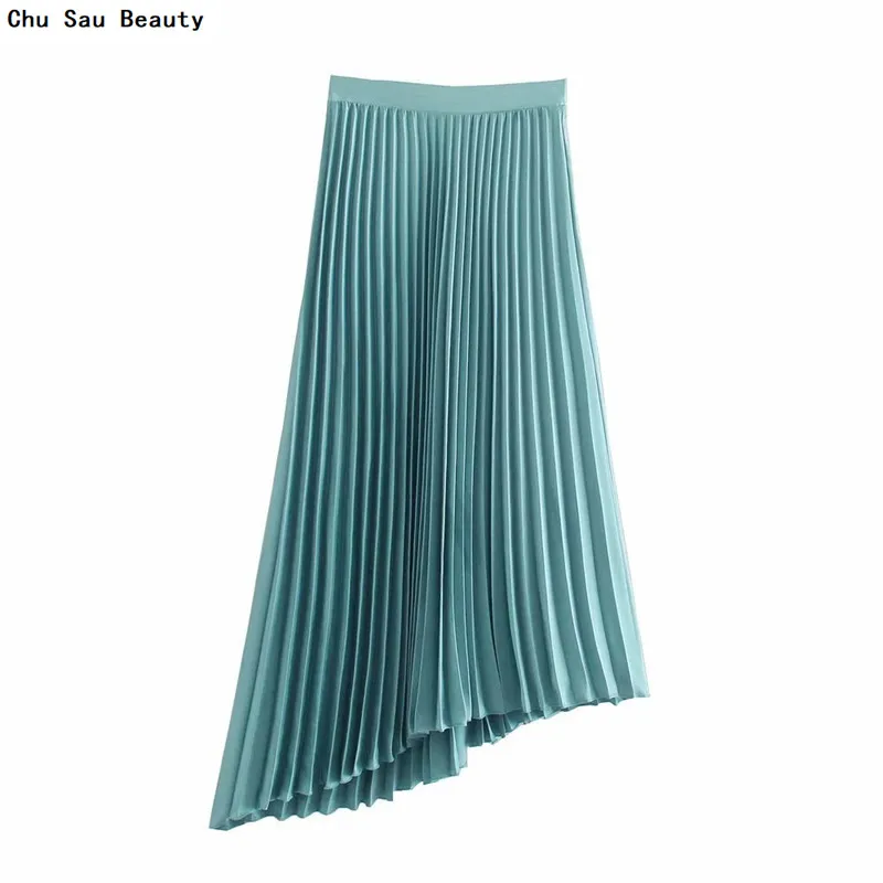 

2021 New Women's Light Blue Fashion Elastic Waist Pleated Midi Skirt Spring/Autumn Elegant/chic Office Asymmetrical Skirts