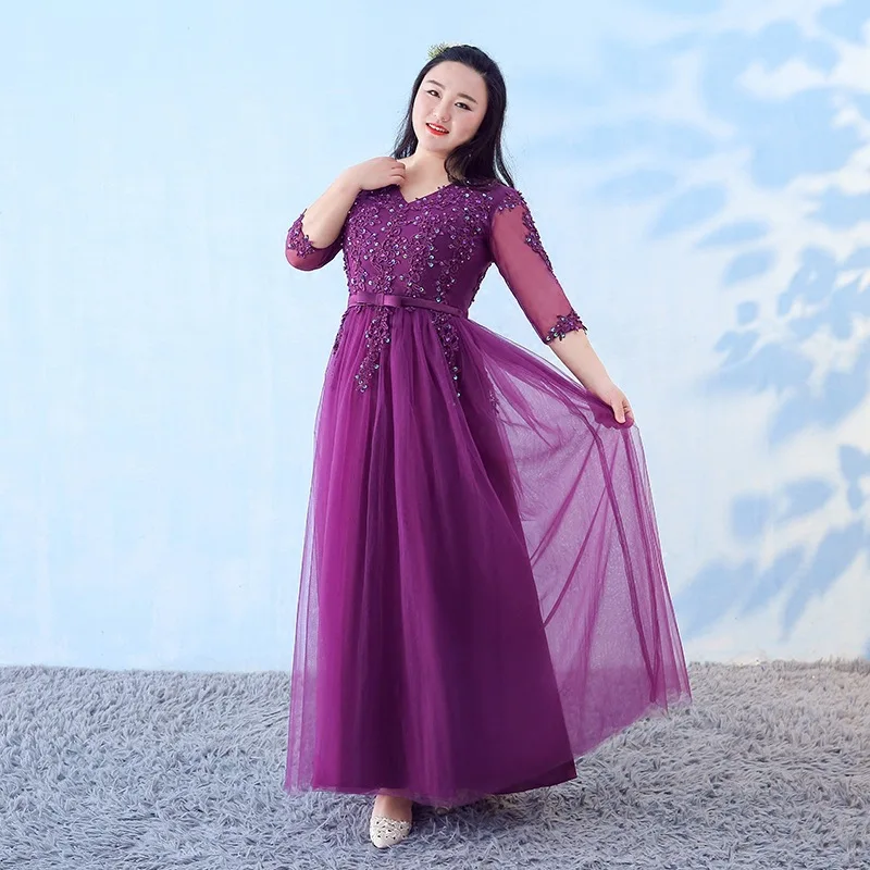 YULUOSHA 2020 New V-neck Large Size Purple Chiffon Long Sleeve Slim Beading Vintage Evening Dress Vestidos De Fiesta Noche | Свадьбы и