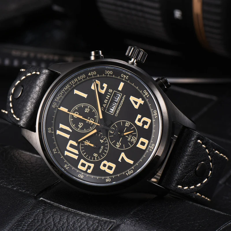 

Parnis 43mm Quartz Watch Analogue Chronograph Military Pilot Watch Diving Watch 100m Waterproof Wristwatch Mens