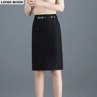 office ladies high waist pencil skirts women knee length black red business casual formal work wear split skirt with button belt