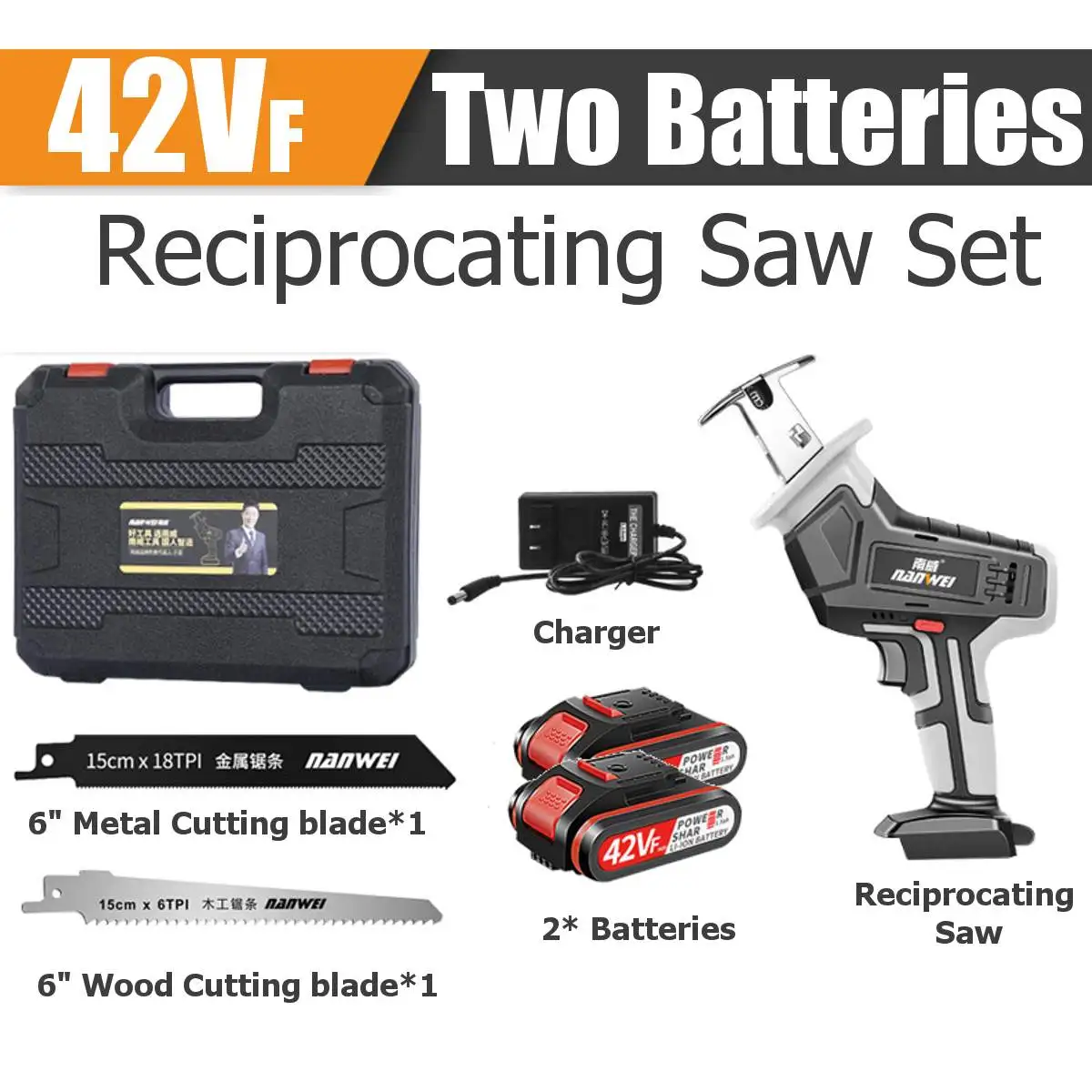 

18/36/42VF Reciprocating Saw Cordless Saber Saw Electric Jig Saw with Adjustable Speed for Wood Metal Cutting+2pcs 15cm blades