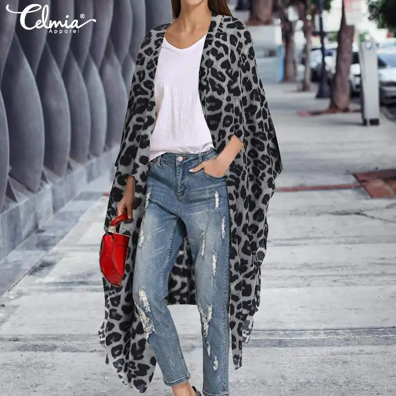 

Женское винтажное кимоно S- 2022 Celmia, длинный кардиган, повседневные блузки с леопардовым принтом, рубашки с длинным рукавом, Пляжная накидка, ...