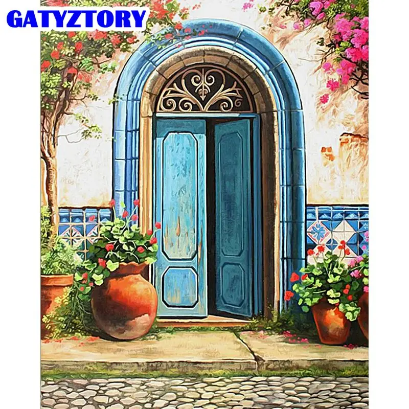 

GATYZTORY 60x75cm Framed Picture By Numbers Kits For Adults Children Handmade Home Decoration Blue Door Scenery Paint DIY Gift