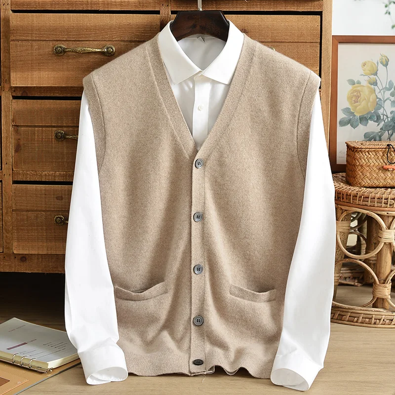 Мужской однобортный жилет из чистого кашемира мягкий теплый повседневный