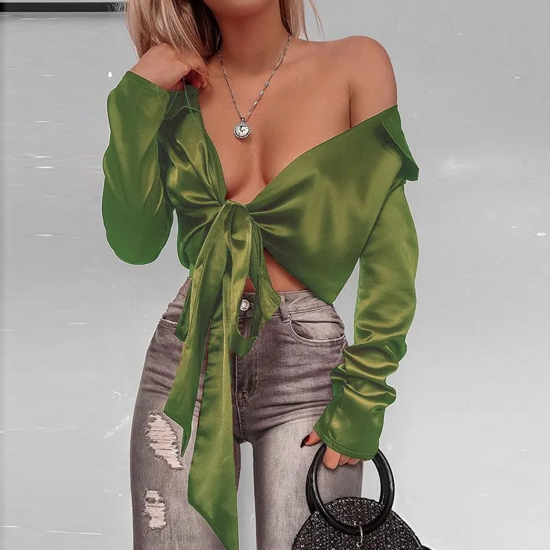 2019 Fashion Women Satin Blouse With Bow Tie V-Neck Sexy Blouses Elegant Deep Long Sleeve Crop Tops Shirt |