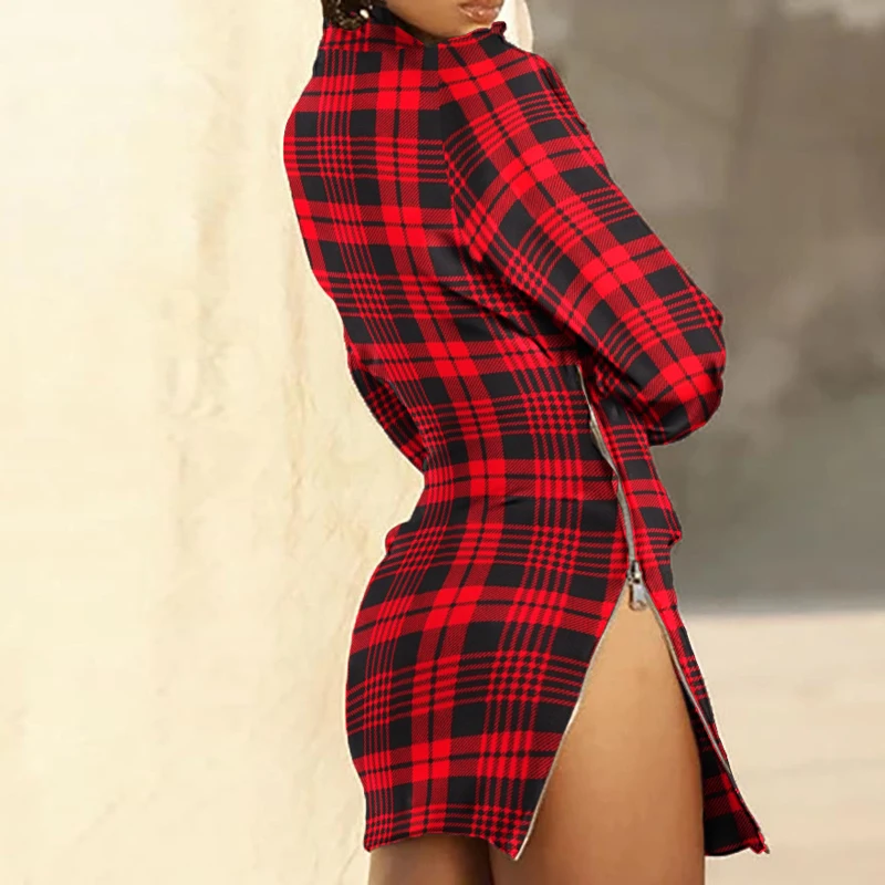 

Women Turtleneck Plaid Print Bodycon Party Dress Spring Sexy Back Zipper Design Slim Dresses Office Ladies Vintage Casual Dress