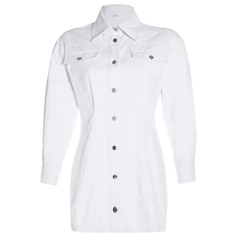 Winter Celebrity White Single-breasted Denim Jacket Dress Women Long Sleeve Jeans Lady Sexy Club Party Mini Vestidos | Женская одежда