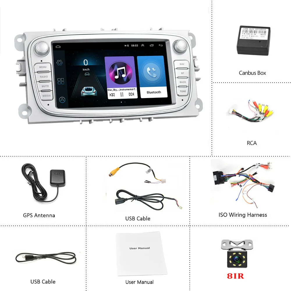 With 8 IR Camera Hikity 2din автомобильный радиоприемник " Зеркало Ссылка проигрыватель Android gps wifi Bluetooth CANBUS для Ford Focus Mondeo C-MAX S-MAX Galaxy II Kuga - Цвет: With 8 IR Camera