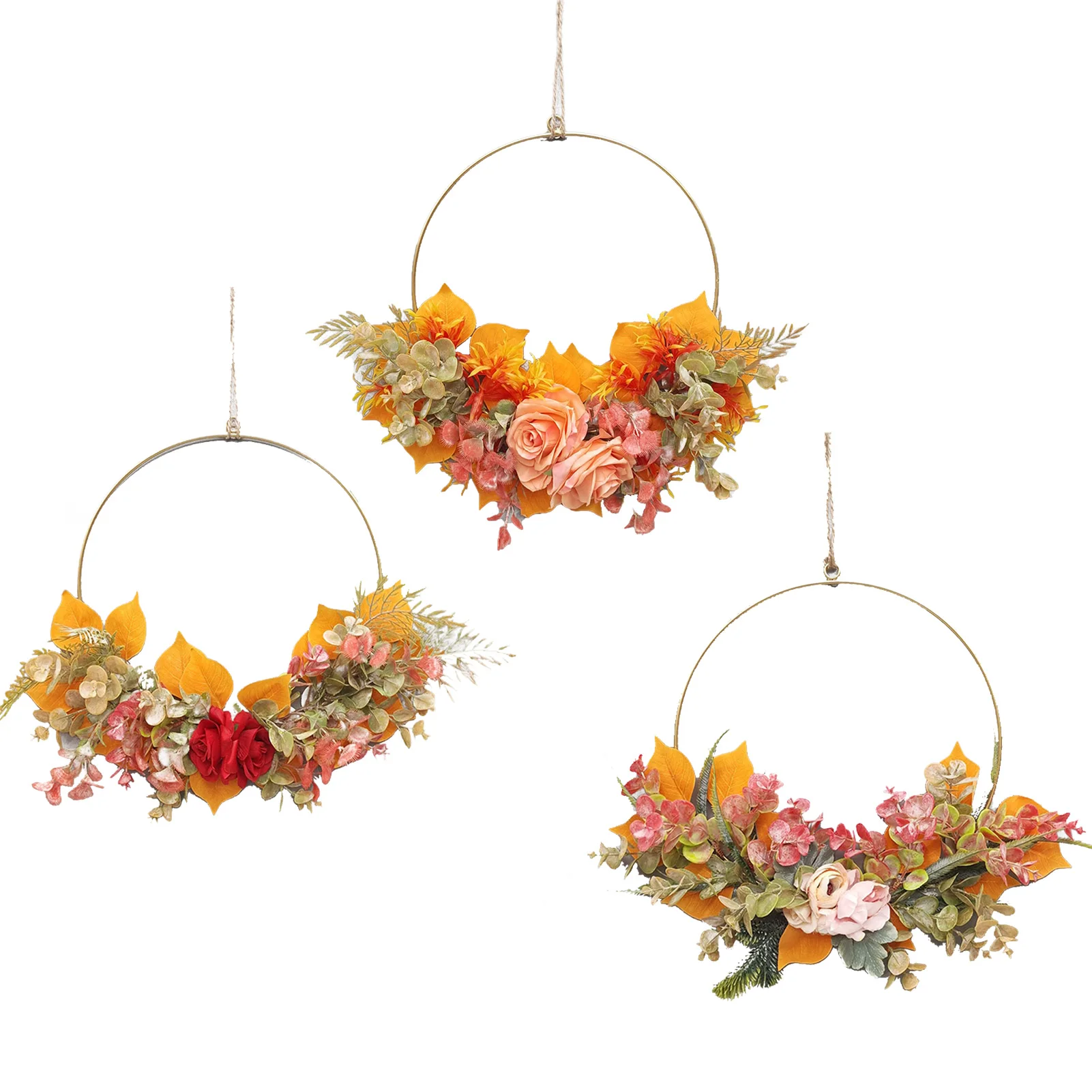 

Artificial Flower Garland Wrought Iron Wreath Wall Hanging Simulation Flower Autum Thanksgiving Home Decoration Wedding Pendant