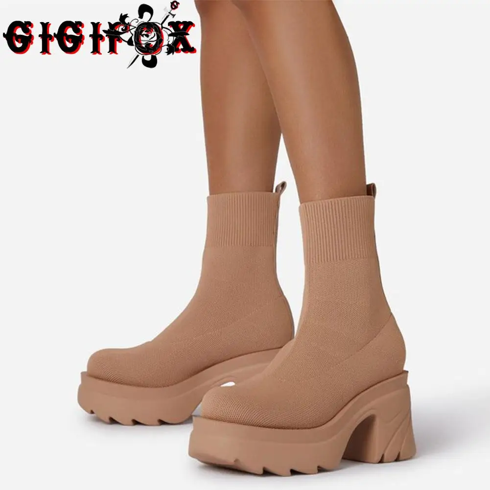 

GIGIFOX Brand New Platform Slip On Chunky Boots Square Heels women's Shoes Sock Boots Big Size 43