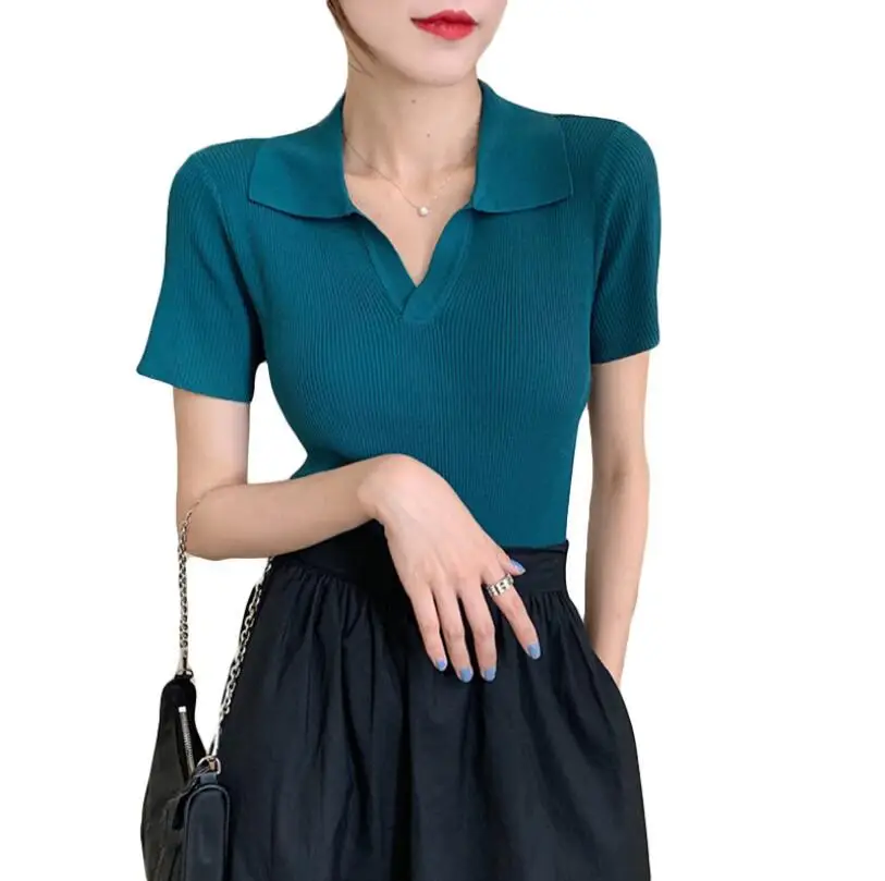 

Blouse Women 2021 Summer New V-neck Polo Shirt Slim Slimming Knit Short-sleeved T-shirt Female Design Short Top White Polo Shirt