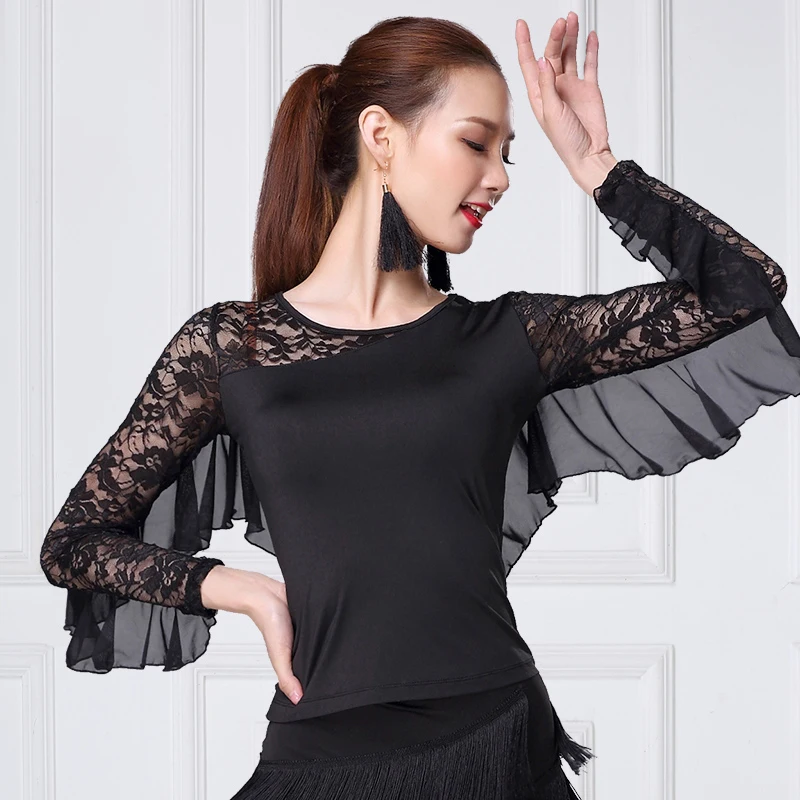 Топ для бальных танцев Женская Сексуальная кружевная рубашка с длинным рукавом