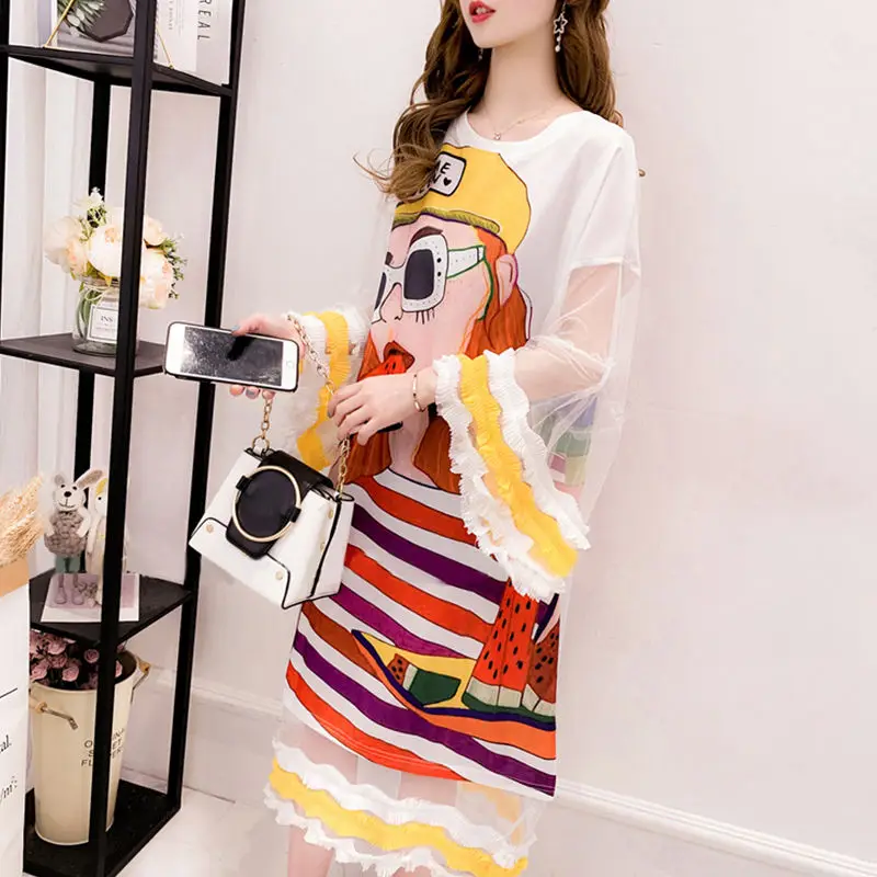

Summer loose western style half sleeve t-shirt women mesh stitching graffiti print dress top