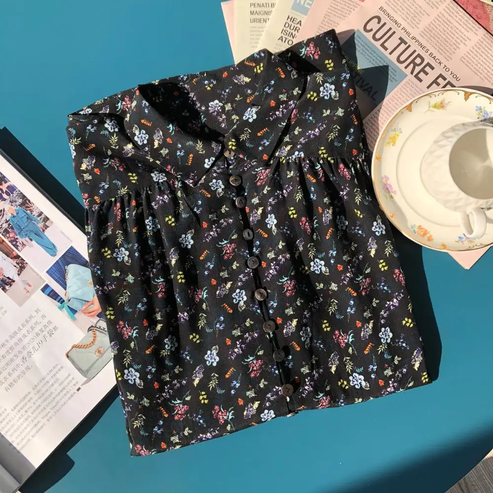 

100% Viscose Spring Autumn Women's Shirt Turndown Collar Shirt Flower Print Long Sleeve Blouses And Tops With Buttons