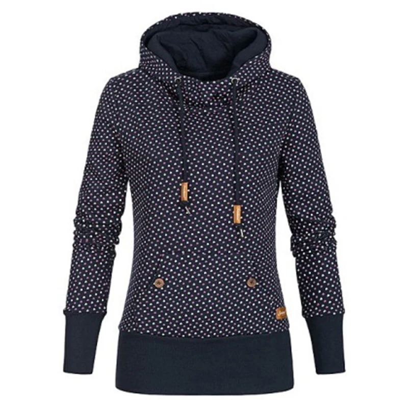 

2020 New Autumn and Winter Women's Fashion Sweatshirt Hoodies Dots Print Casual Scarf Collar Hooded Pockets Pullover Tops
