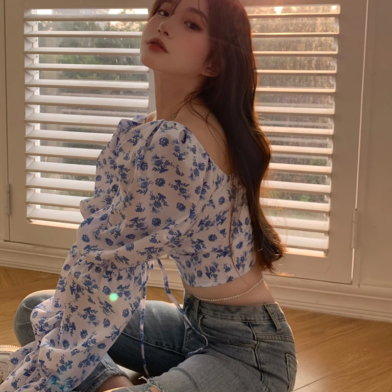 

Vintage Crop Tops Florals Blouse Women Summer Square Collar Puff Sleeve Print Blouses Korean Shirts blouses femme