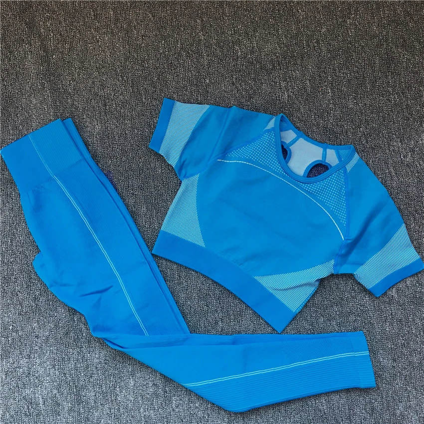CB242 blue set Короткий рукав, ультра спортивный комплект, тренировочная одежда для женщин, бесшовный комплект из 2 предметов для йоги, спортивный костюм, одежда для фитнеса, женская спортивная одежда, спортивный костюм - Цвет: CB242 blue set