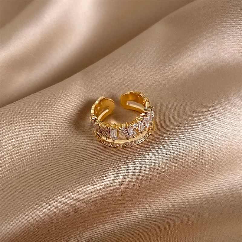 

Luxury Zircon Gold Double Student Opening Rings For Woman 2021 New Fashion Gothic Finger Jewelry Wedding Party Girl's Sexy Ring