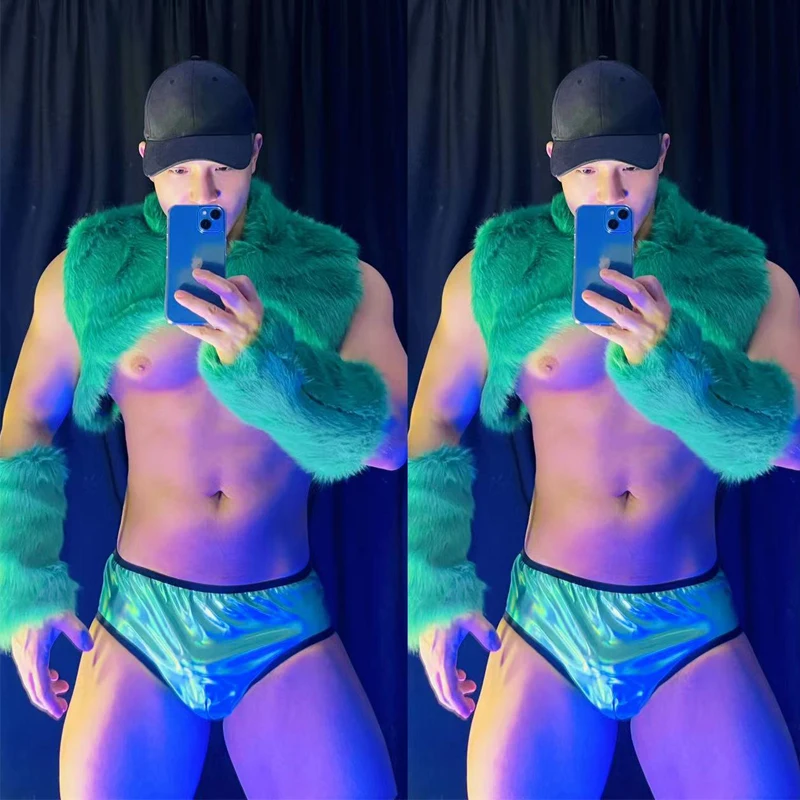 

Nightclub Dj Outfit Men Dancer Gogo Costume Burning Man Pole Dance Clothes Green Fur Fluffy Sleeves Patent Leather Briefs XS3143