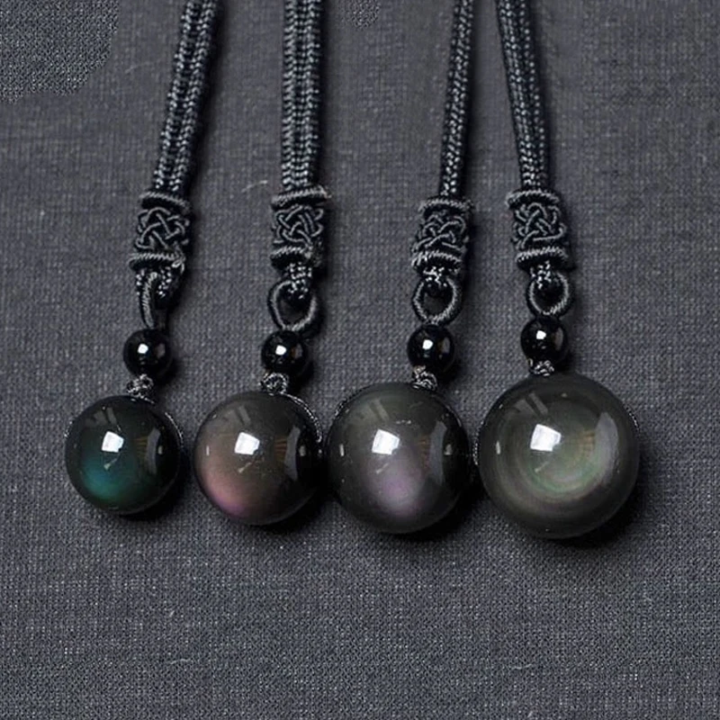 Ожерелье из натурального черного обсидиана с радужным глазом и шариком удачи