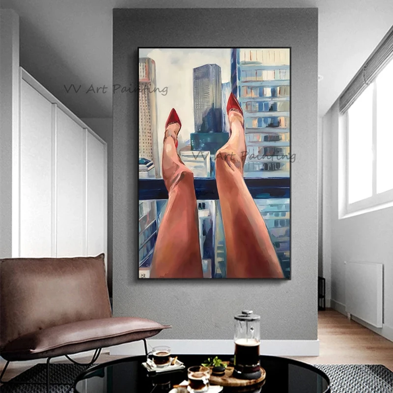 

Palette Red High Heeled Shoes Draw Modern Life Wall Art Handmade City Oil Painting Wall Pictures for Living Room Decor Landscape