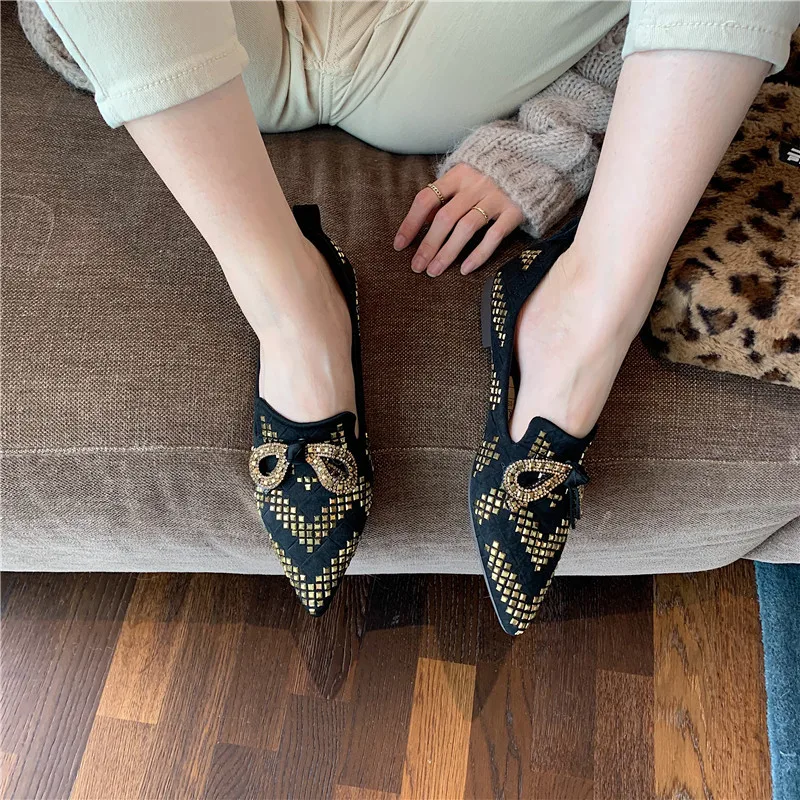 

Fashion Women Flats Pointed Toe Shallow Design Slip On Beige/Black Casual Flats Heeled Bow Rhinestone Design Pointed Toe Flats