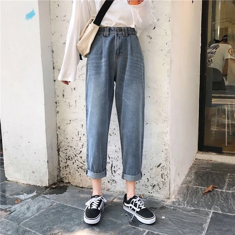 

Женские джинсы-шаровары HED большого размера, свободные винтажные светильник-голубые женские джинсы, джинсовые брюки-бойфренды с поясом