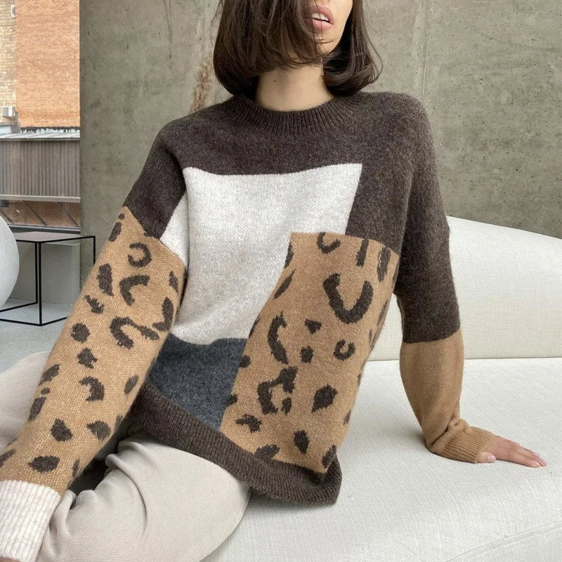 Leopard Patchwork Cashmere Sweater Women Loose Casual Knitted Pullovers Autumn Soft Knitwear Female Retro Jumper dropshipping