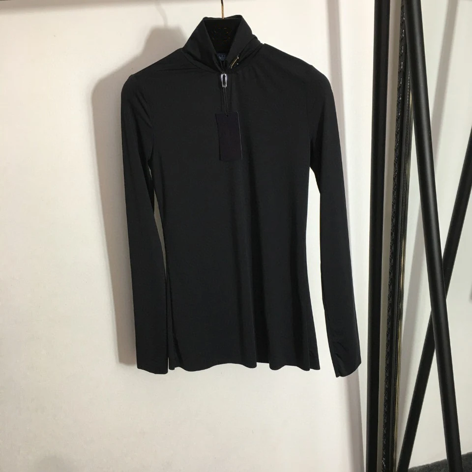 

High Quality Luxury Autumn Women Metal Triangle Logo High Neck Long Sleeve Slim Bottoming Shirt Tops