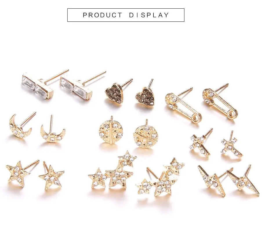 

Cute Sweet Moon/Stars/Love Heart/Cross Earrings Studs 9 Pairs/Set Shiny Rhinestone Crystal Earrings For Women Fashion Gift 2021