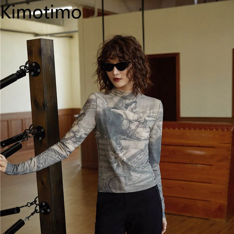 

Kimotimo Women Blouse Art Retro Oil Painting Print Tops Spring Fashion Minority Style Kintted High Stretch Ins Slim Bottom Shirt