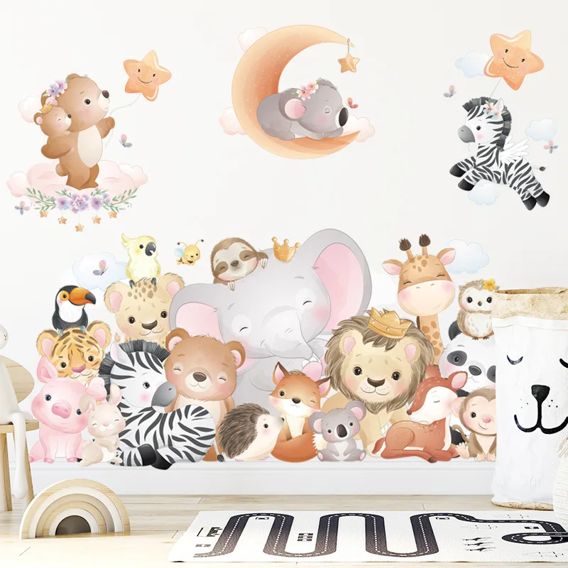 Cartoon Animals Children Room Decoration Wall Stickers Bedroom Sofa Background Self-adhesive Wallpapers Lion Elephant Star Poste | Дом и сад