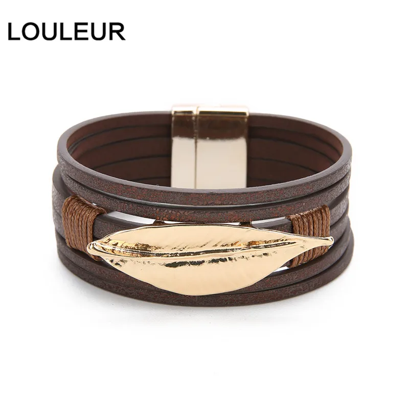 LOULEUR, красный сплав, листья, многослойный кожаный браслет для женщин, Ретро стиль, богемное очарование, широкие браслеты и браслеты, ювелирное изделие, подарок